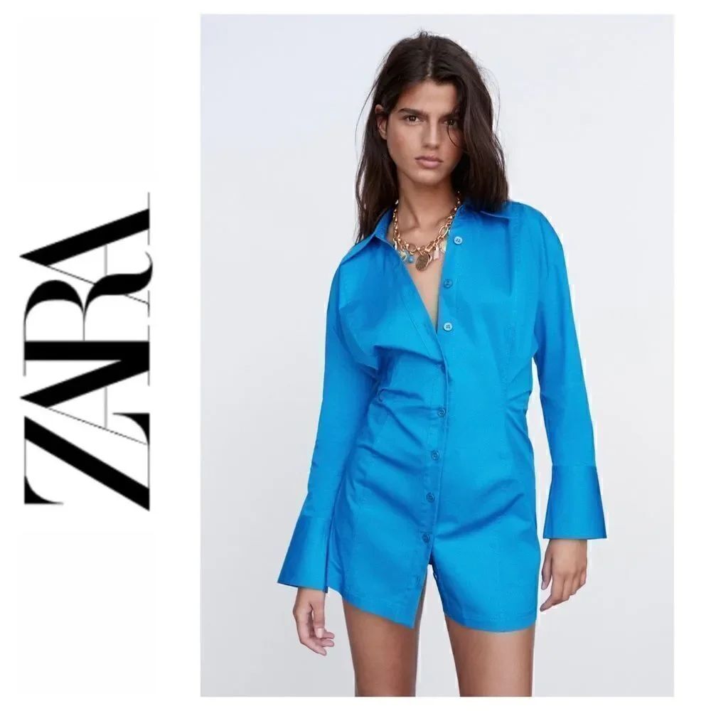 NWOT Zara Blue Button Down Cinched Waist Collared Shirt Dress, Size XS